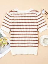 Stripe Scalloped Round Neck Short Sleeve Sweater - Trendsi - Flyclothing LLC