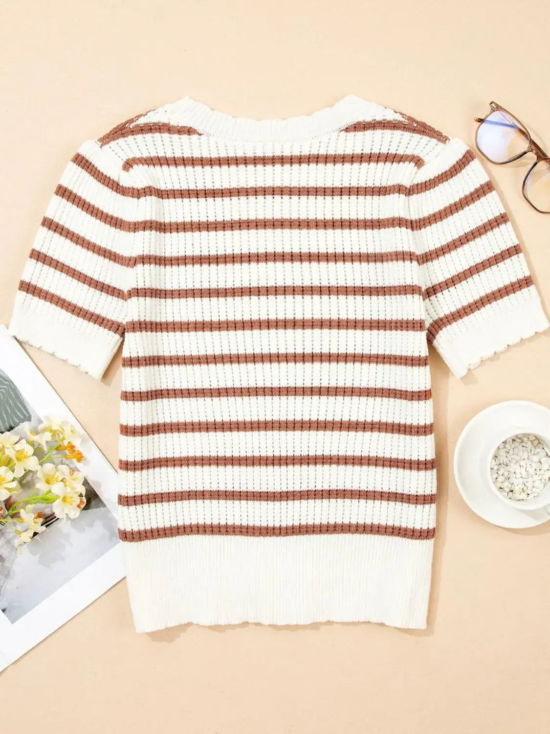 Stripe Scalloped Round Neck Short Sleeve Sweater - Trendsi - Flyclothing LLC
