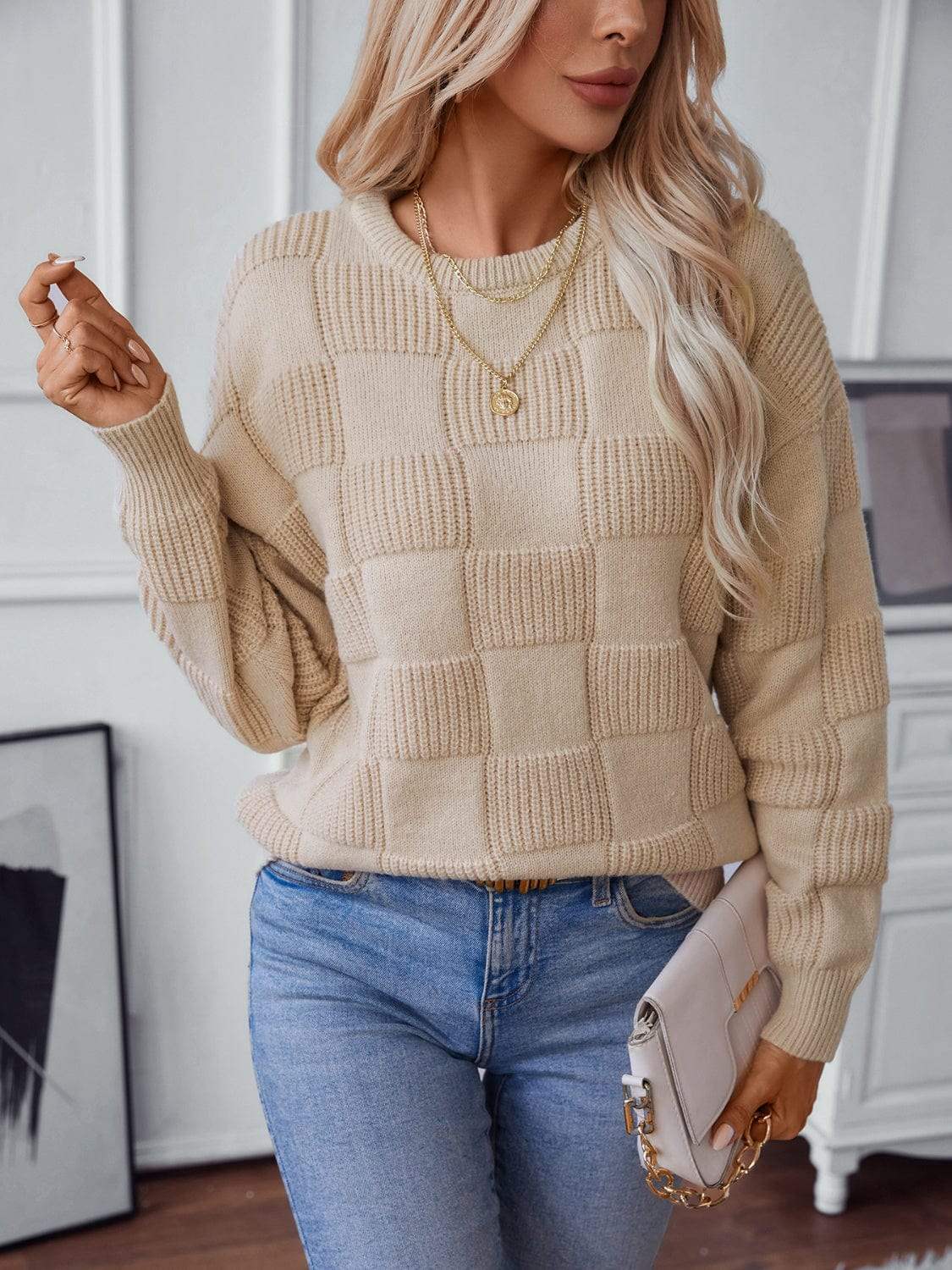Checkered Round Neck Long Sleeve Sweater - Trendsi - Flyclothing LLC