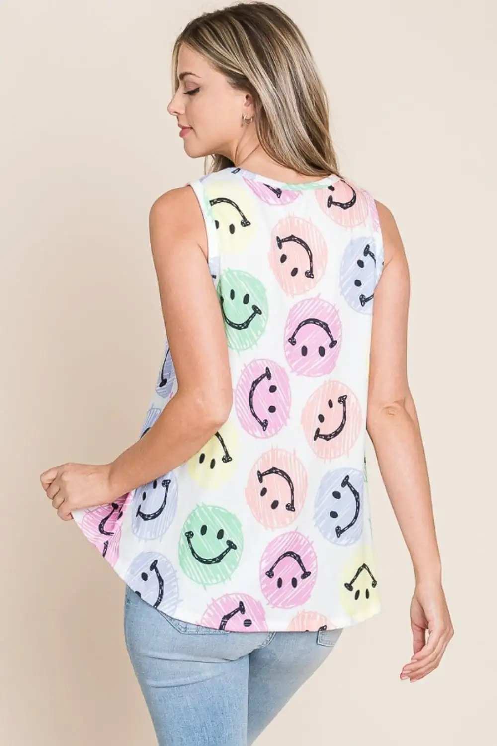 BOMBOM Smiley Face Round Neck Tank - Trendsi - Flyclothing LLC
