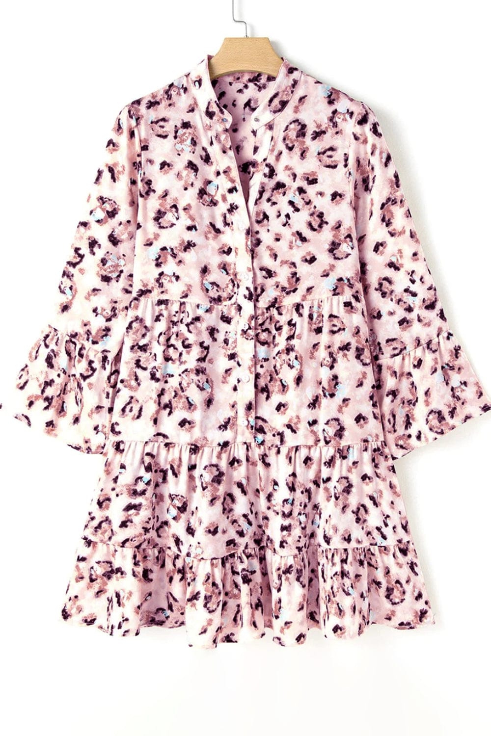 Leopard Notched Long Sleeve Tiered Dress - Trendsi