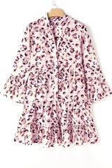 Leopard Notched Long Sleeve Tiered Dress - Trendsi