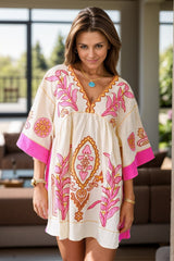 Printed V-Neck Three-Quarter Sleeve Mini Dress - Trendsi