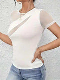 Mesh Patchwork Round Neck Short Sleeve Top - Trendsi - Flyclothing LLC