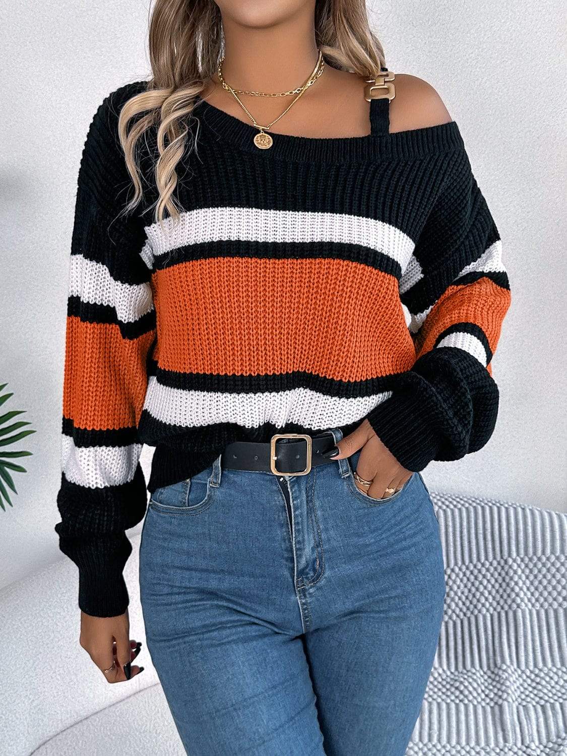 Color Block Asymmetrical Neck Long Sleeve Sweater - Trendsi - Flyclothing LLC