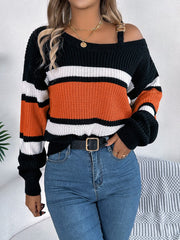 Color Block Asymmetrical Neck Long Sleeve Sweater - Trendsi