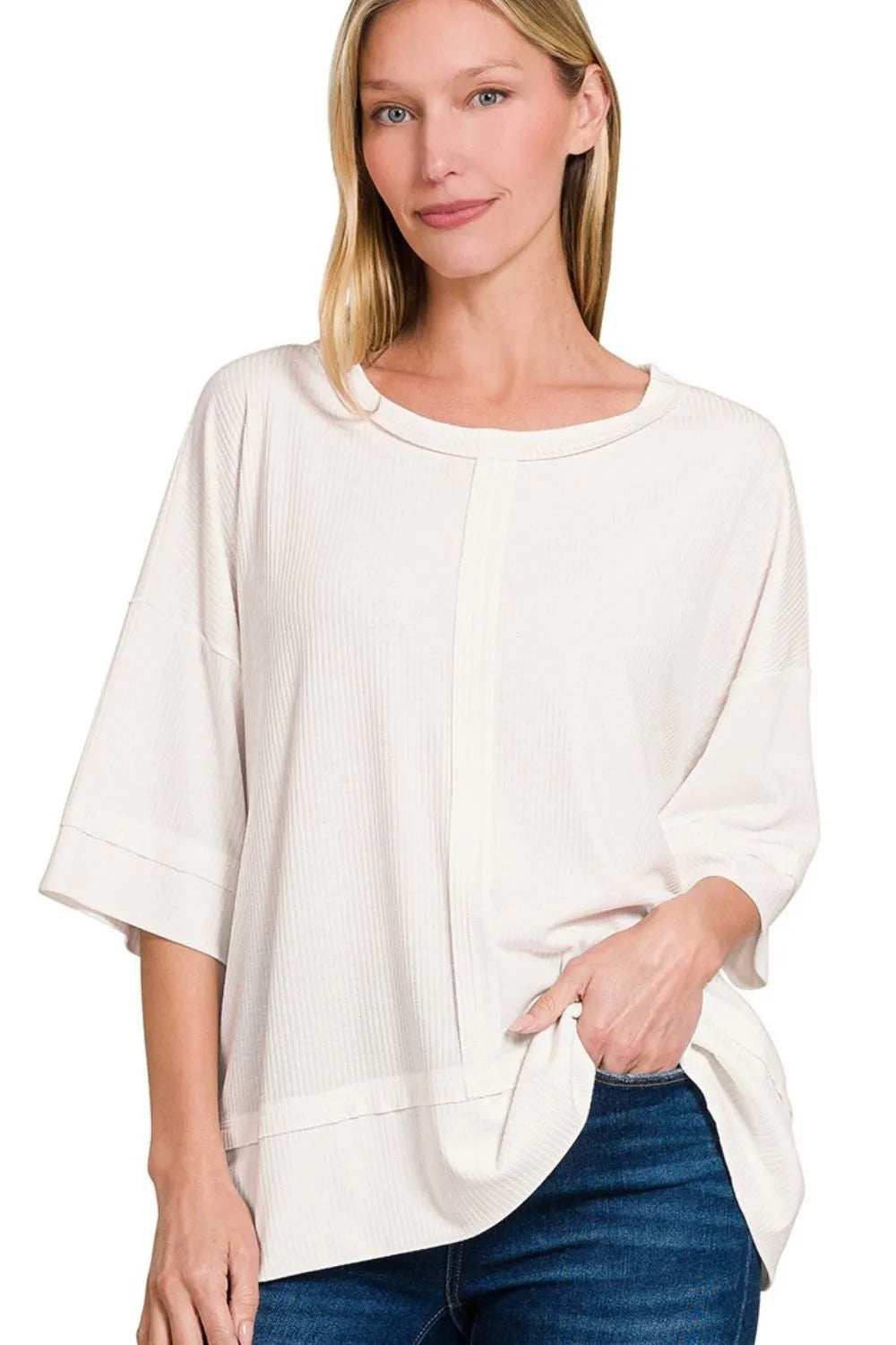 Zenana Ribbed Boat Neck 3/4 Sleeve Top - Trendsi - Flyclothing LLC