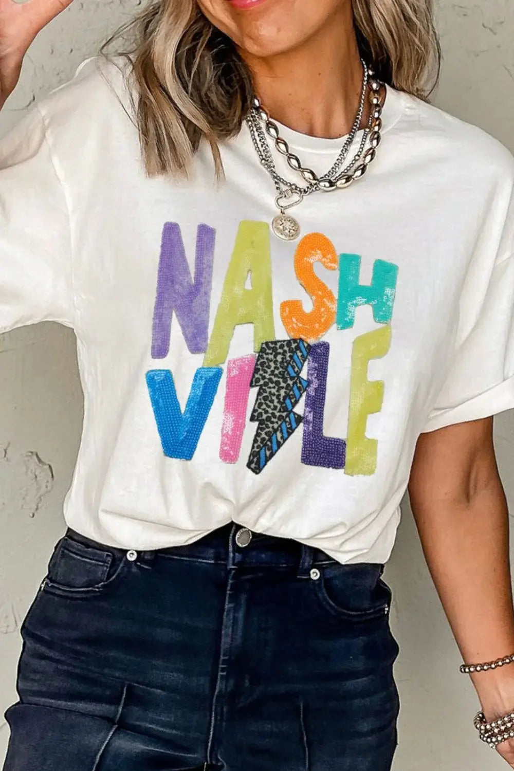Lightening NASHVILLE Sequin Round Neck T-Shirt - Trendsi - Flyclothing LLC