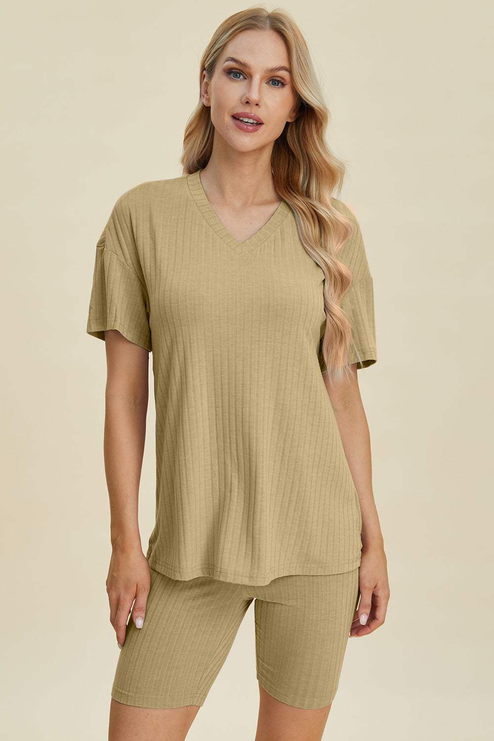 Basic Bae Full Size Ribbed V-Neck Short Sleeve Top and Shorts Set - Trendsi - Flyclothing LLC