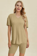 Basic Bae Full Size Ribbed V-Neck Short Sleeve Top and Shorts Set - Trendsi - Flyclothing LLC