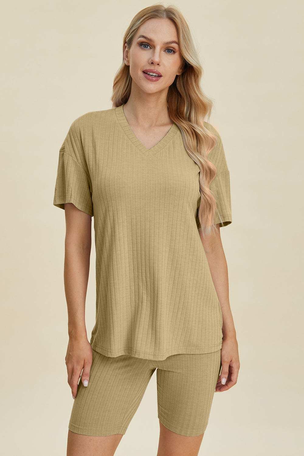 Basic Bae Full Size Ribbed V-Neck Short Sleeve Top and Shorts Set - Trendsi - Flyclothing LLC