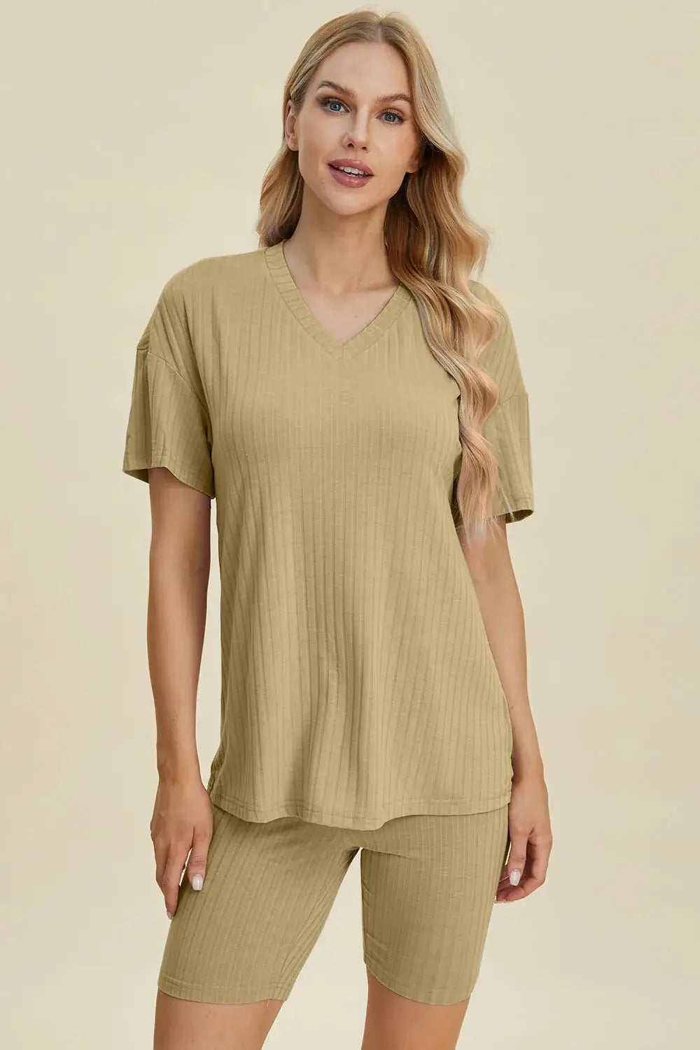 Basic Bae Full Size Ribbed V-Neck Short Sleeve Top and Shorts Set - ShopBasicbae - Flyclothing LLC