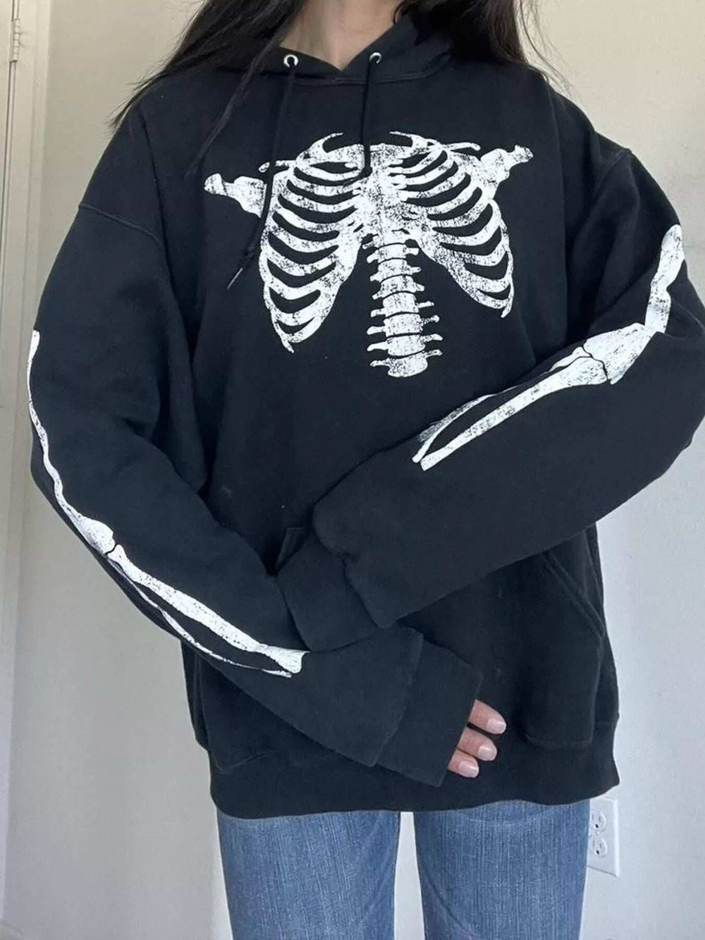 Drawstring Skeleton Long Sleeve Hoodie - Trendsi - Flyclothing LLC