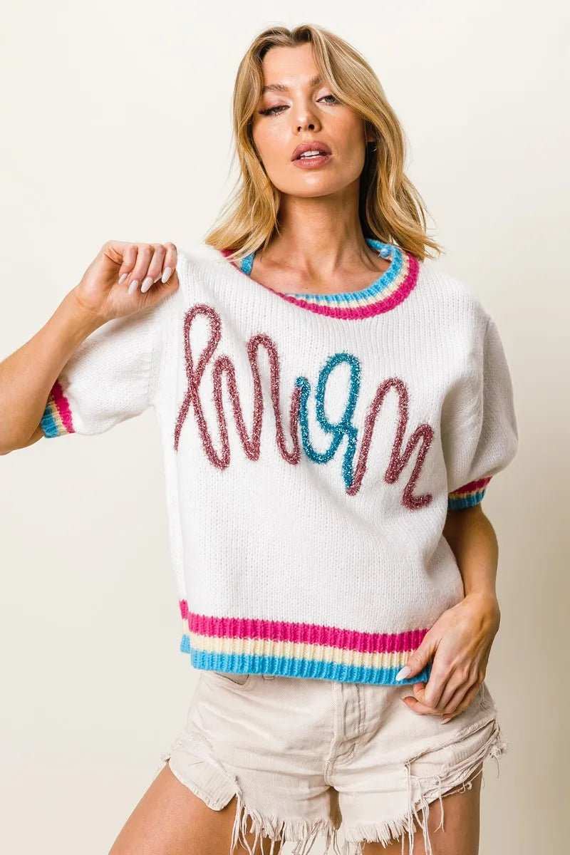 BiBi Metallic Letter Short Puff Sleeve Sweater - Trendsi - Flyclothing LLC