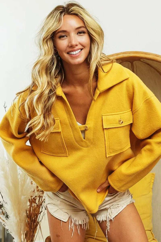 BiBi Flap Pockets Fleece Collared Sweatshirt - Trendsi - Flyclothing LLC