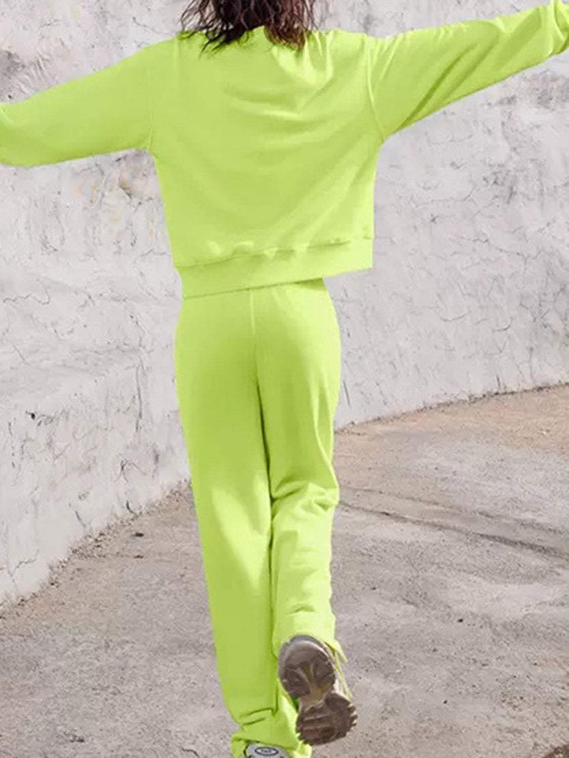 Round Neck Long Sleeve Top and Elastic Waist Pants Set - Trendsi - Flyclothing LLC