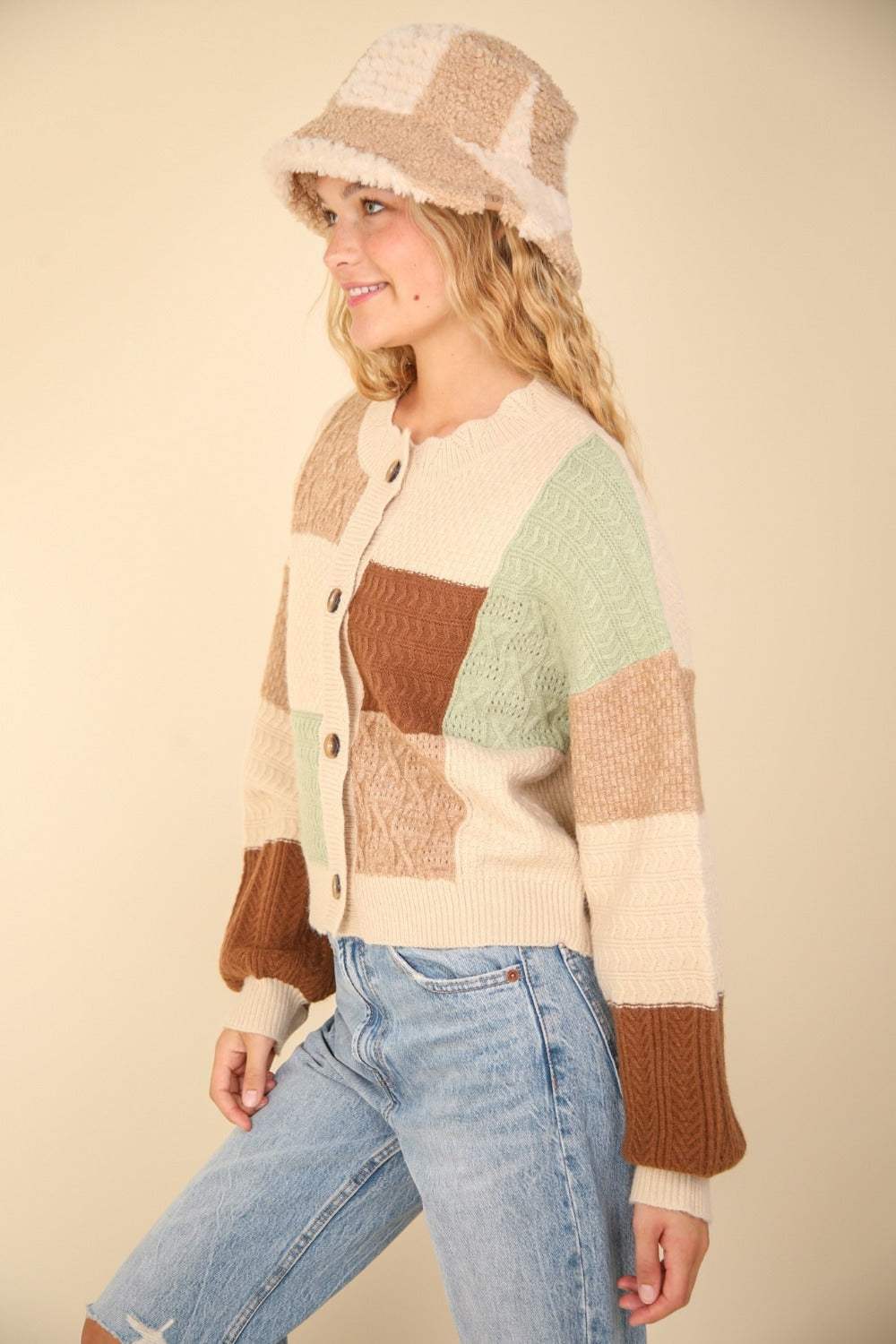 VERY J Color Block Button Down Textured Sweater Cardigan - Trendsi - Flyclothing LLC
