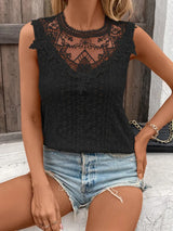 Lace Detail Eyelet Round Neck Tank - Trendsi - Flyclothing LLC