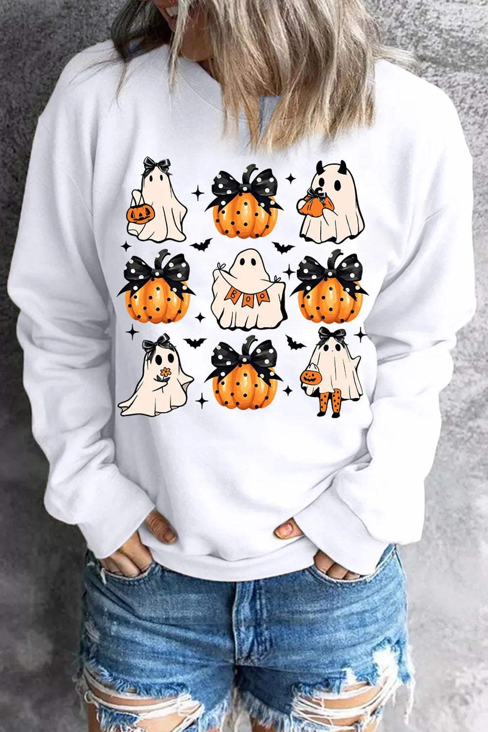 Pumpkin & Ghost Round Neck Long Sleeve Sweatshirt - Trendsi - Flyclothing LLC