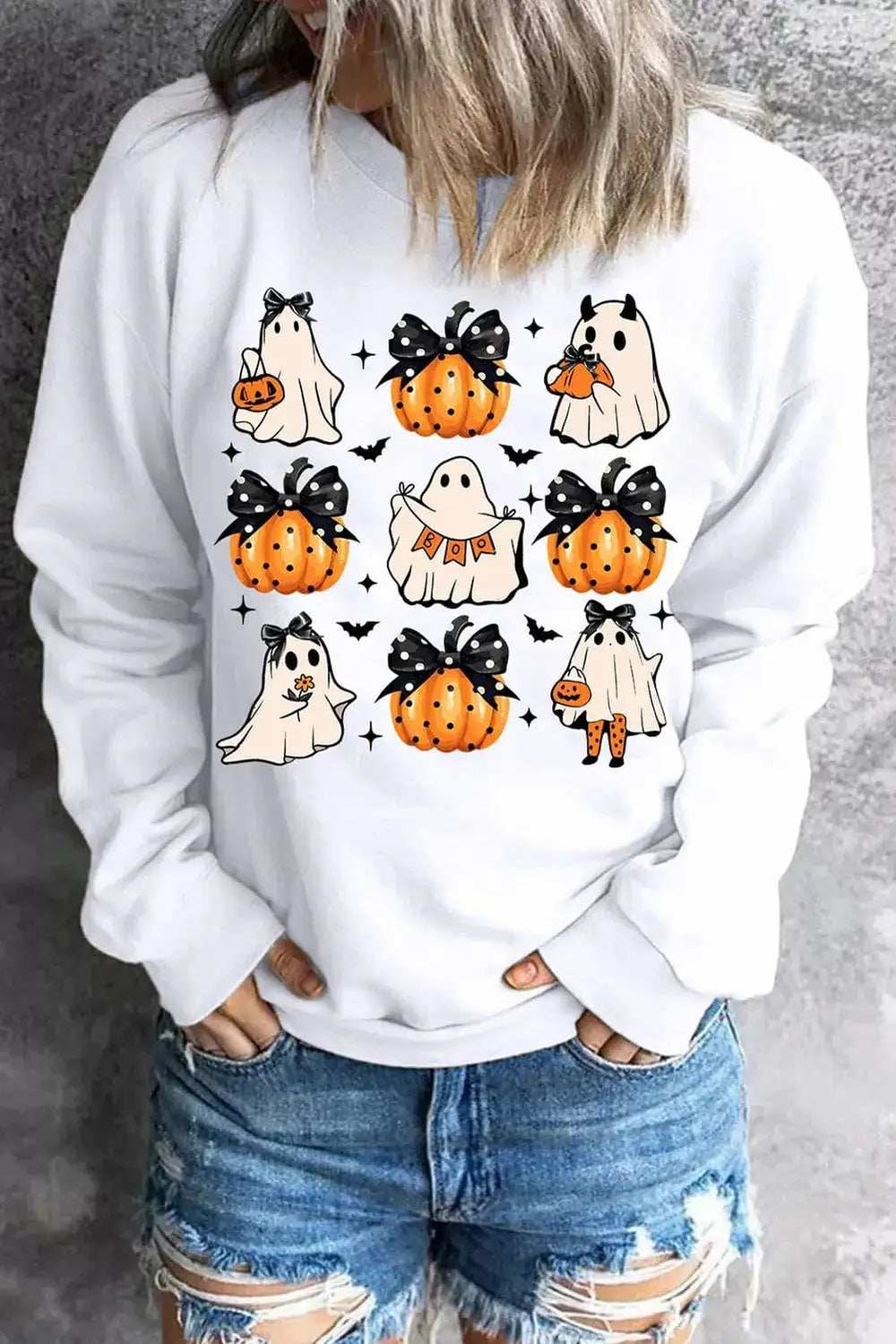 Pumpkin & Ghost Round Neck Long Sleeve Sweatshirt - Trendsi - Flyclothing LLC