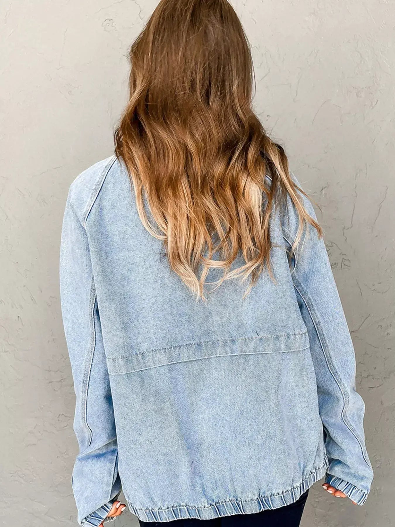 Elastic Edge Collared Zip Up Denim Jacket With Pocket - Trendsi - Flyclothing LLC
