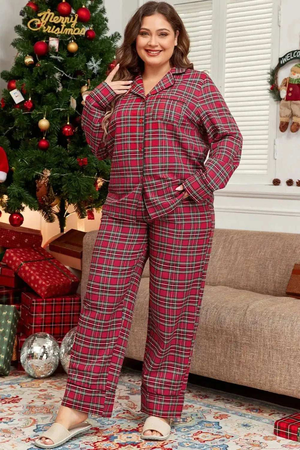 Plus Size Plaid Collared Neck Top and Pants Lounge Set - Trendsi - Flyclothing LLC