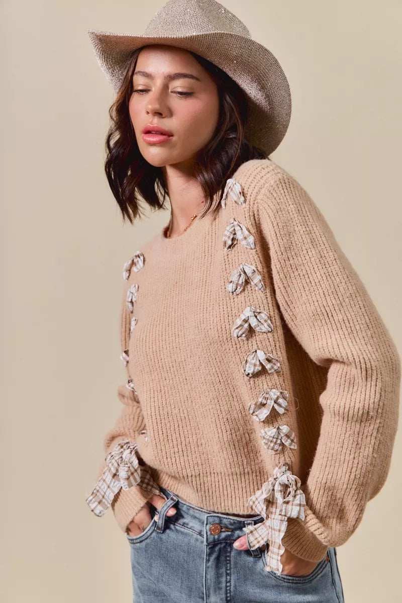 SO ME Checkered Plaid Tape Lace Up Ribbed Sweater - Trendsi - Flyclothing LLC