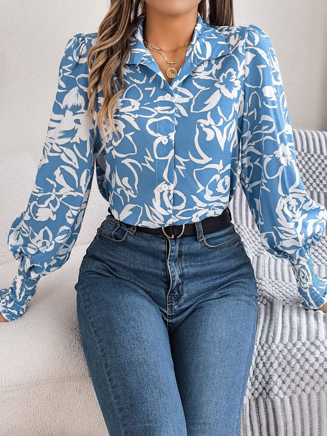 Printed Collared Neck Lantern Sleeve Shirt - Trendsi - Flyclothing LLC