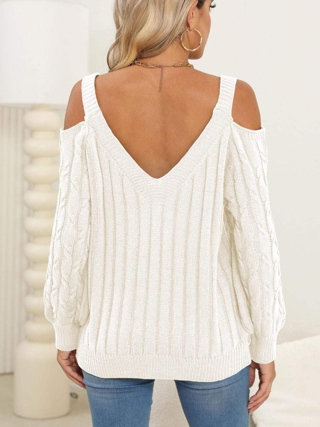 Cable-Knit V-Neck Long Sleeve Sweater - Trendsi - Flyclothing LLC