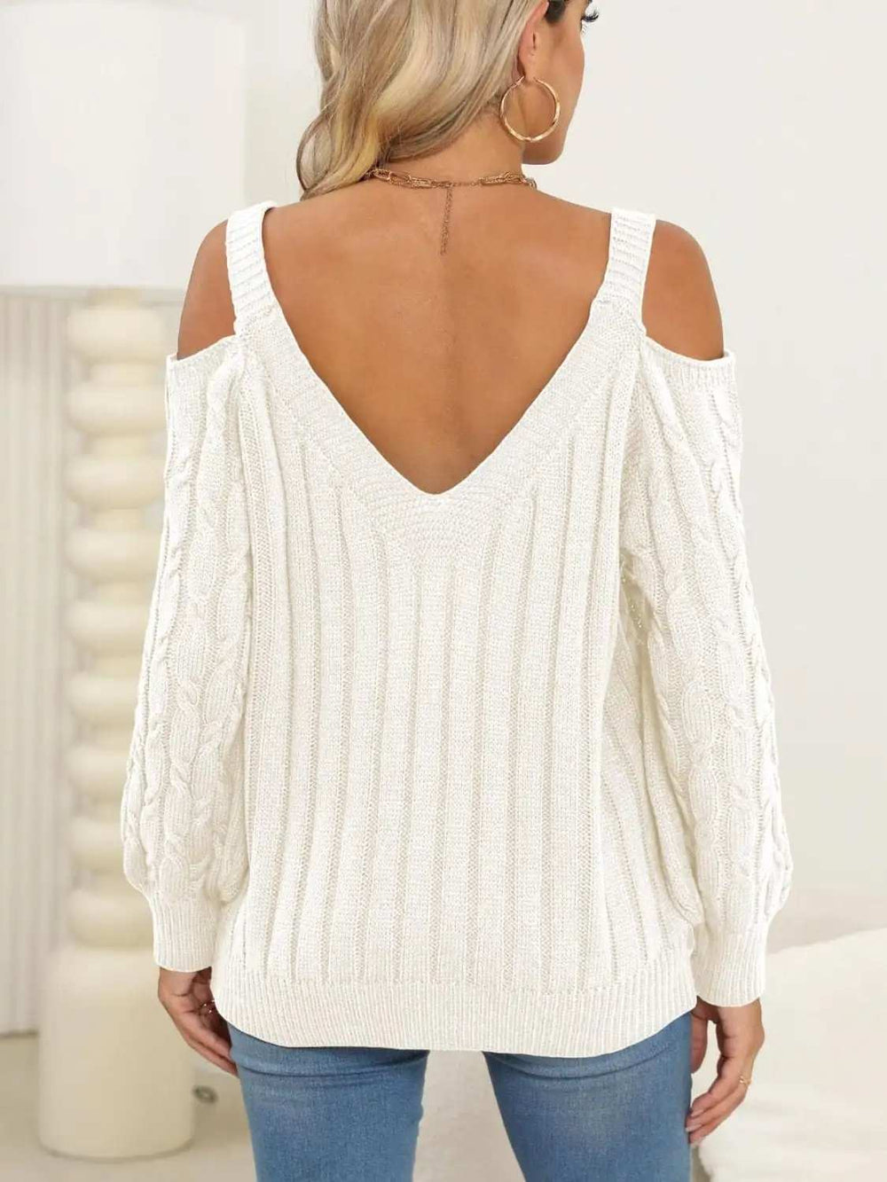 Cable-Knit V-Neck Long Sleeve Sweater - Trendsi - Flyclothing LLC