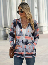 Geometric Zip Up Long Sleeve Hooded Jacket - Trendsi - Flyclothing LLC