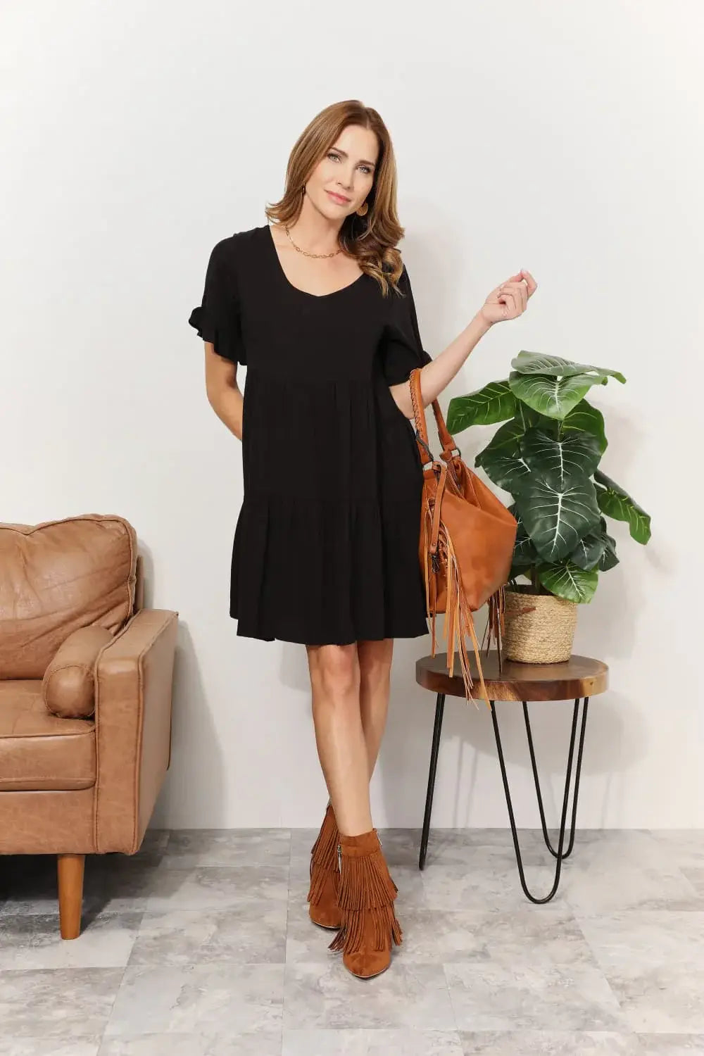 Mandy V-Neck Flounce Sleeve Tiered Dress - Trendsi - Flyclothing LLC
