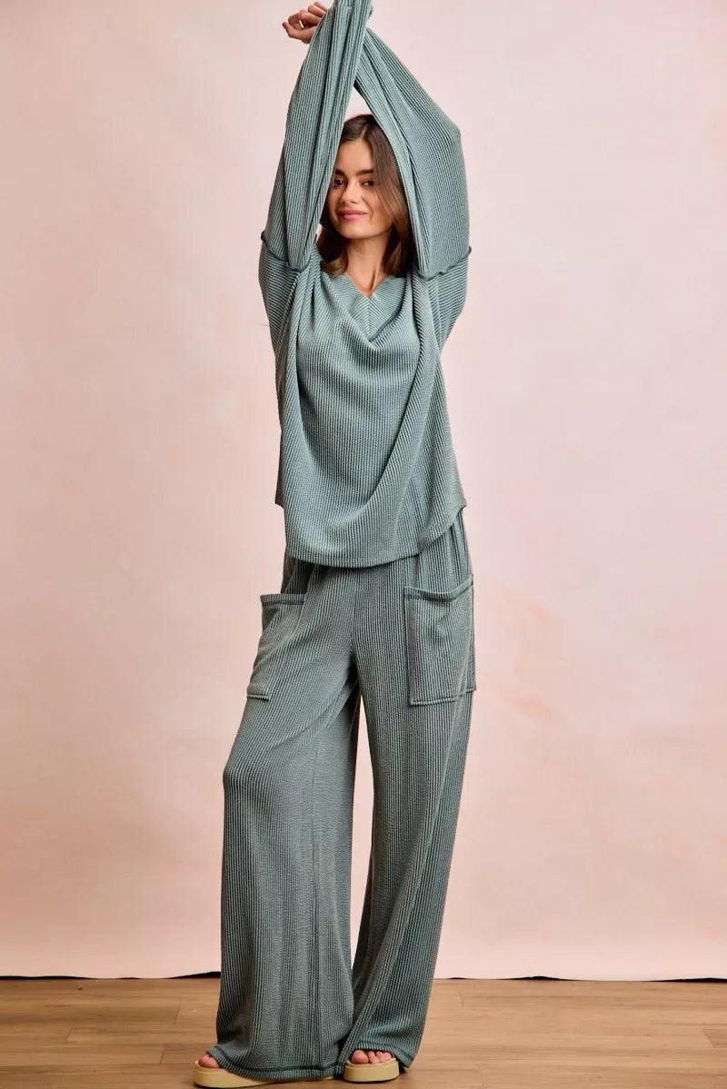 BiBi Two Tone Cord Rib Contrast Stitching V-Neck Top and Pants Set - Trendsi - Flyclothing LLC