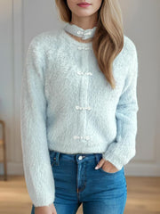 Cutout Knot Button Long Sleeve Cardigan - Trendsi