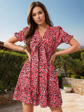 Leopard V-Neck Flounce Sleeve Mini Dress - Trendsi - Flyclothing LLC