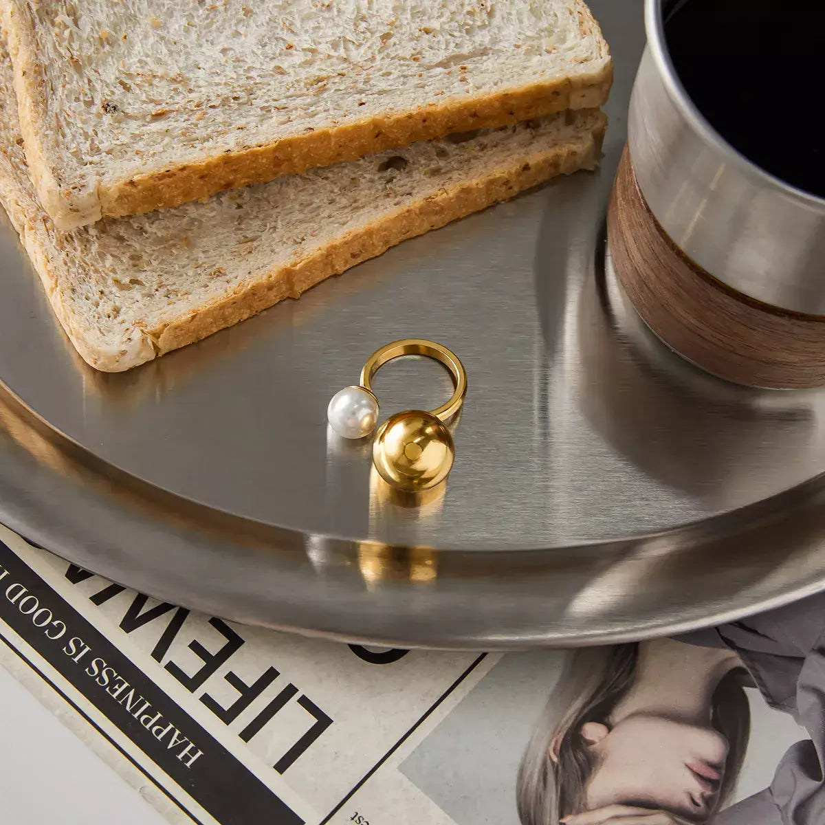 18K Gold-Plated Orb & Pearl Open Ring - Trendsi - Flyclothing LLC
