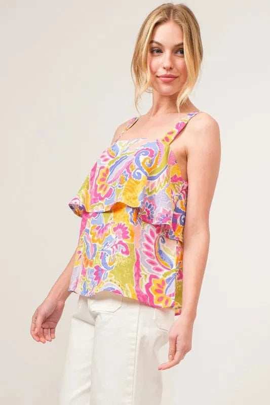 And The Why Square Neck Tiered Paisley Printed Top - Trendsi - Flyclothing LLC