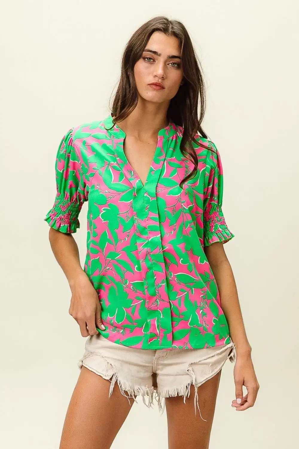 BiBi Smocked Cuff Floral Contrast Top - Trendsi - Flyclothing LLC