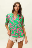 BiBi Smocked Cuff Floral Contrast Top - Trendsi - Flyclothing LLC