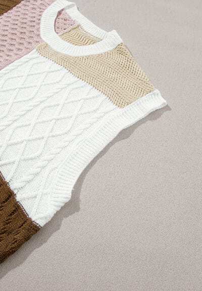 Cable-Knit Color Block Round Neck Sweater Vest - Trendsi - Flyclothing LLC