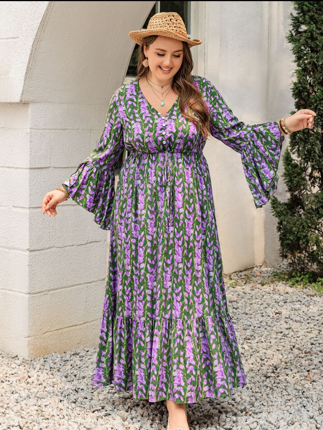 Plus Size Printed V-Neck Long Sleeve Maxi Dress - Trendsi