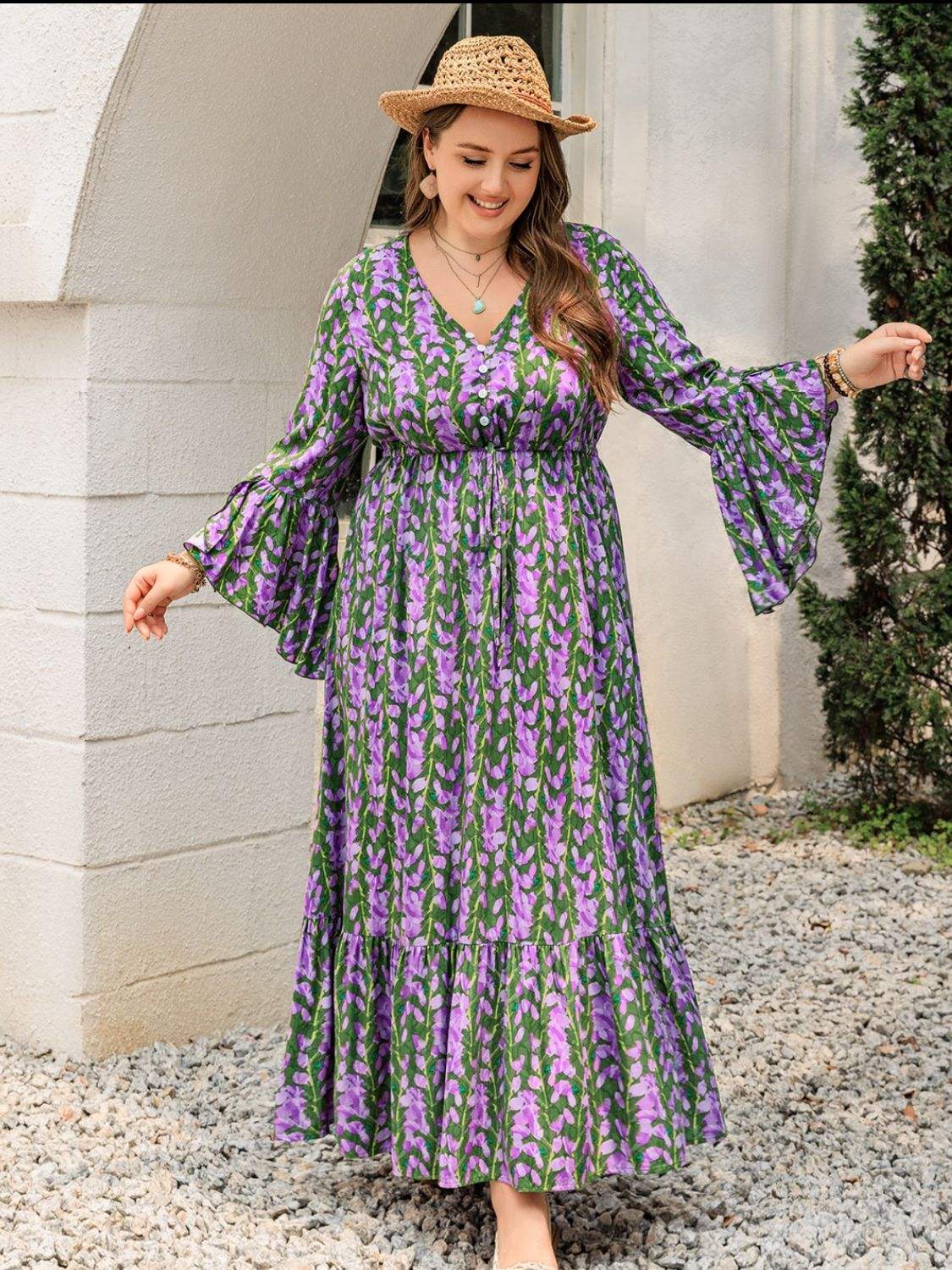 Plus Size Printed V-Neck Long Sleeve Maxi Dress - Trendsi - Flyclothing LLC