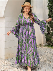 Plus Size Printed V-Neck Long Sleeve Maxi Dress - Trendsi