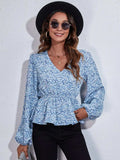 Ruched Printed V-Neck Long Sleeve Blouse - Trendsi - Flyclothing LLC