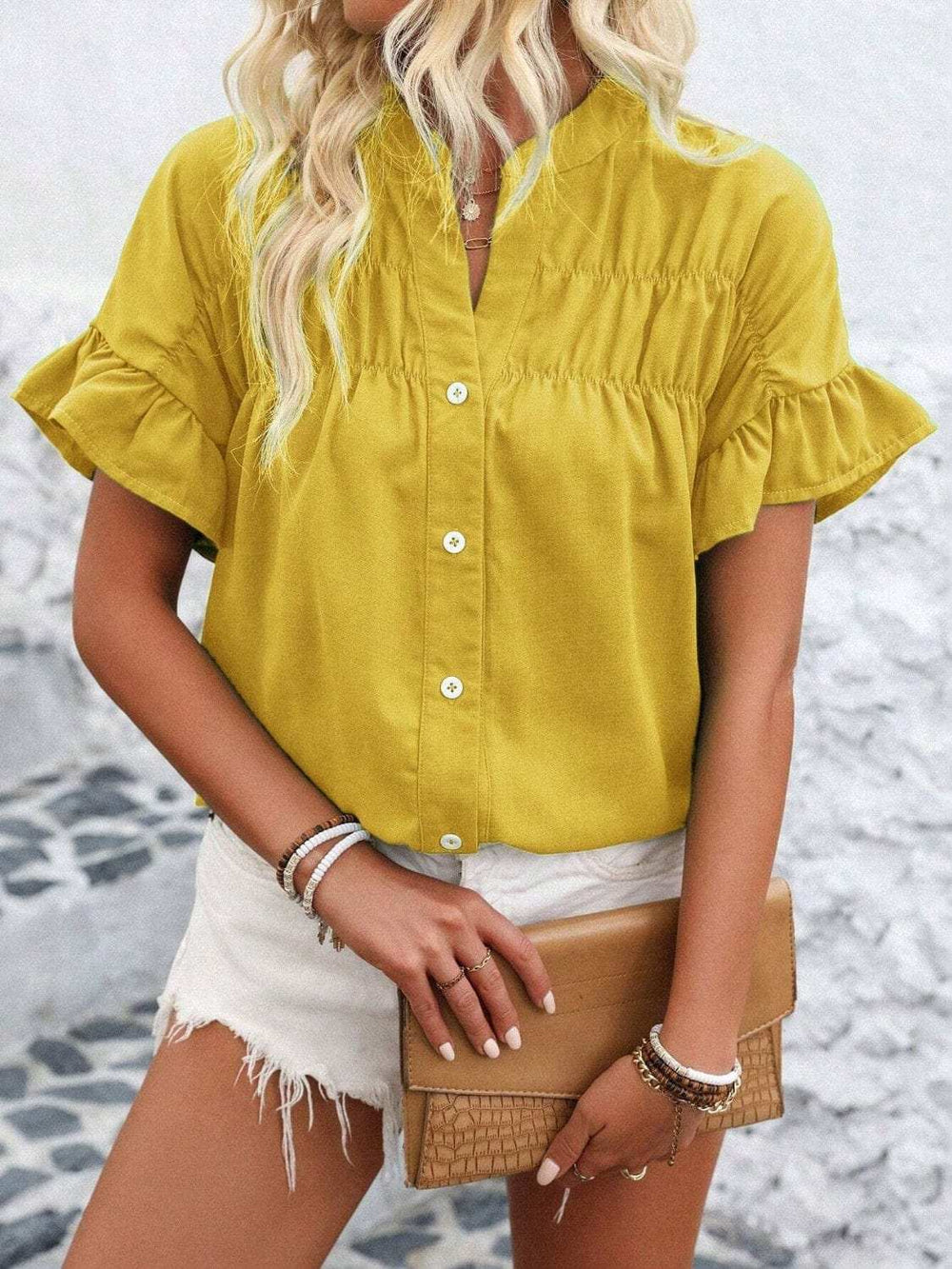 Button Down Ruffled Short Sleeve Shirt - Trendsi - Flyclothing LLC