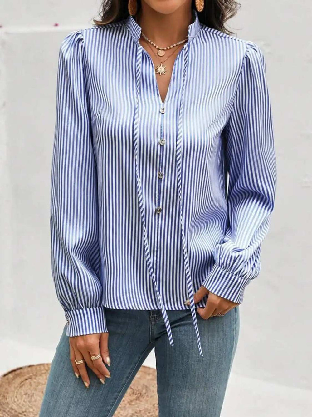 Striped Tie Neck Long Sleeve Blouse - Trendsi - Flyclothing LLC