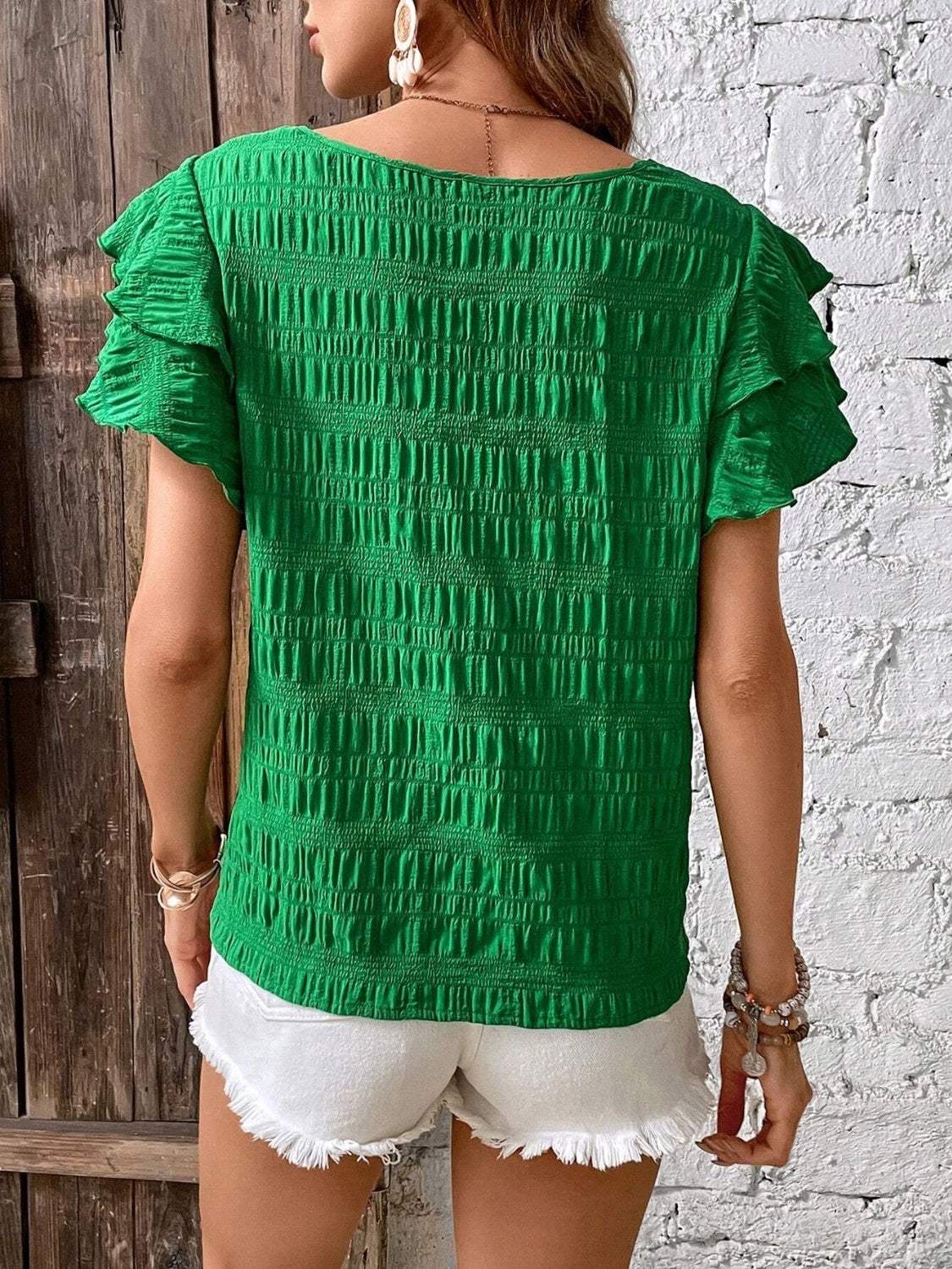 Round Neck Flounce Sleeve Blouse - Trendsi - Flyclothing LLC