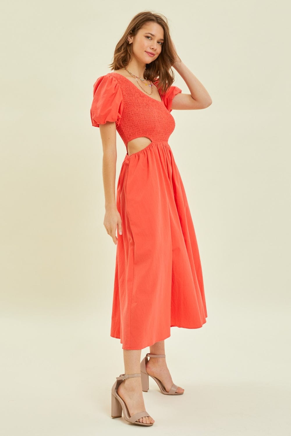 HEYSON Smocked Cutout Midi Dress - Trendsi