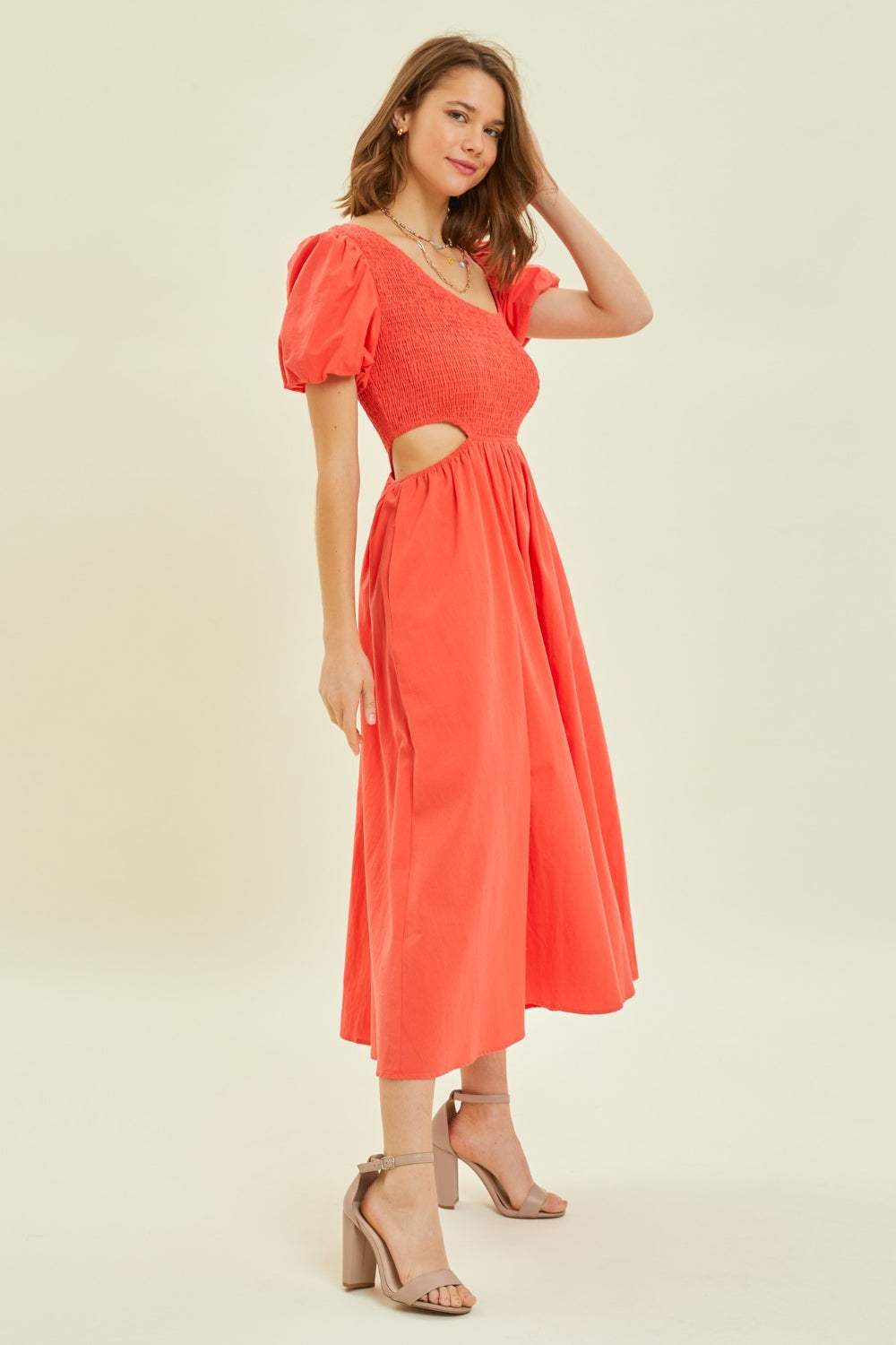 HEYSON Smocked Cutout Midi Dress - Trendsi - Flyclothing LLC
