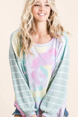 BiBi Tie Dye Terry Top with Wide Stripe Thermal Waffle - Trendsi - Flyclothing LLC